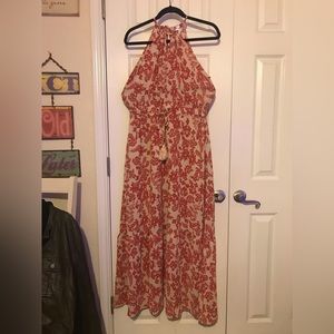 Orange Red Floral Sleeveless Maxi Dress L